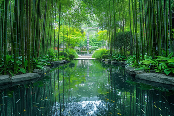 A tranquil pond surrounded by towering bamboo stalks in a peaceful garden, isolated on solid white...