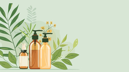 Bottles of natural shampoo and essential oil on light