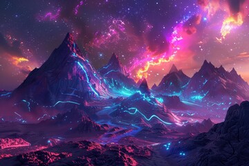 Create an epic fantasy landscape featuring glowing neon mountains under a starry night sky