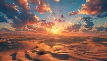 The sun sets over the vast desert, casting long shadows across the dunes