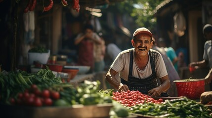 Eco friendly vendor selling sustainable produce, promoting green living with reusable bag