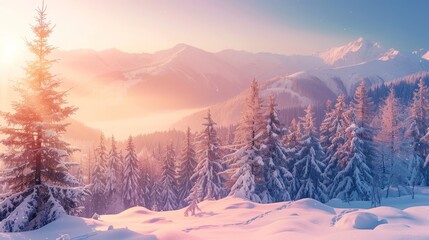 Incredible winter landscape with snowcapped pine trees in frosty morning. Amazing nature scenery in winter mountain valley. Awesome natural Background. Soft light effect. High quality photo