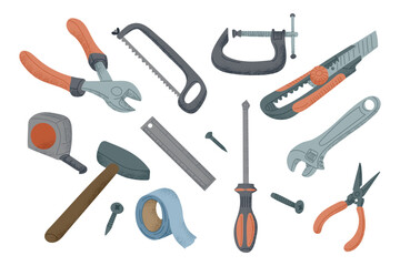 Set of hand drawn repairing tools in flat style for prolongation of things lifetime. Vector clipart of items for maintain of home isolated on white background. Sustainability and upgrade concept