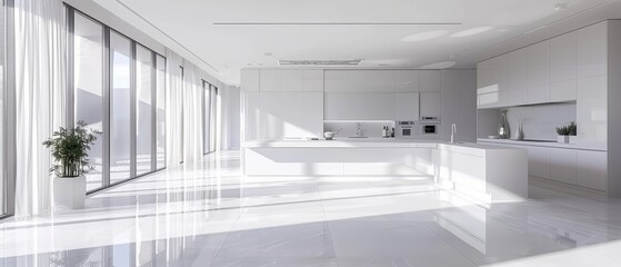 Design an ultra-modern kitchen with a large island and floor-to-ceiling windows
