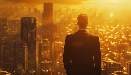 Fototapeta premium A man in a suit stands on a rooftop overlooking a city