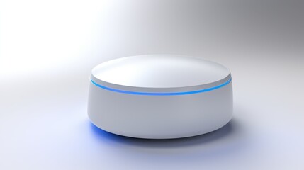 A minimal render of a smart home device with a glowing blue light.