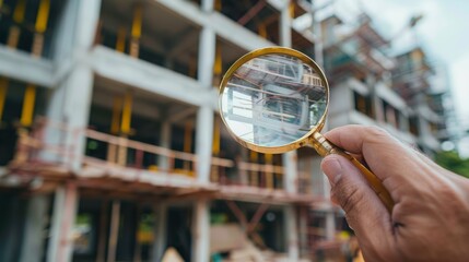 engineer use magnifying glass inspecting construction new house.inspecting construction and quality assurance new house. Engineers or architects or contactor work to build the house.