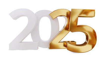 2025 white golden symbol number 3d-illustration, metallic glossy isolated new years change