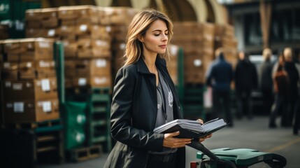 Female manager supervising online orders loading at retailer warehouse for e commerce shipments