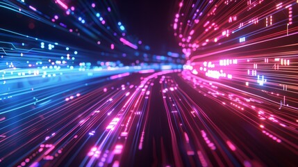 Abstract background with colorful light streaks and circuit board lines. Digital technology concept