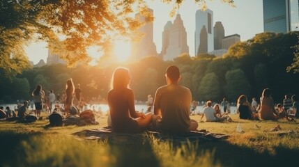 Central park aerial view with people picnicking, manhattan cityscape at sunset light