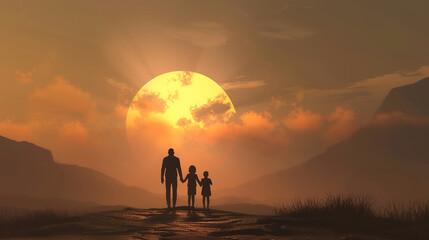 The silhouette of a father and his two children walking into the sunset.