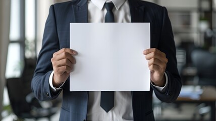 A businessman is holding a blank paper isolated on office background