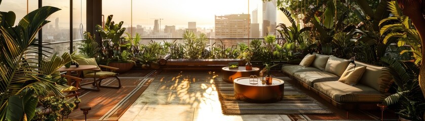 A lush rooftop garden with a view of the city. The space is furnished with comfortable seating and stylish planters.