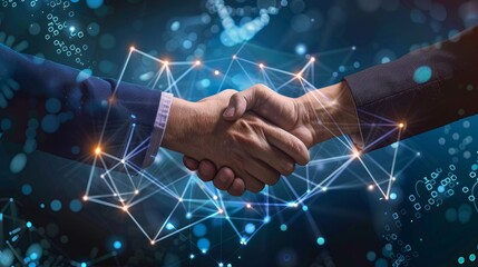 Close up of business people shaking hands against technology background, leader, teamwork, target, Aim, confident, achievement, goal, on plan, finish, generate by AI