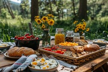 A forest glade picnic with a spread of summer treats, Picnic in summer park with food and drink