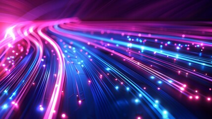 Abstract futuristic background with neon light lines and circuit board elements. Abstract digital data flow or big data technology concept with speed motion blur effect