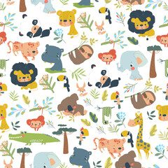 Vector Seamless Pattern with Jungle Animals on Green Background