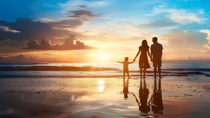 Fototapeta premium silhouette of happy family at the beach. International Day of Families concept