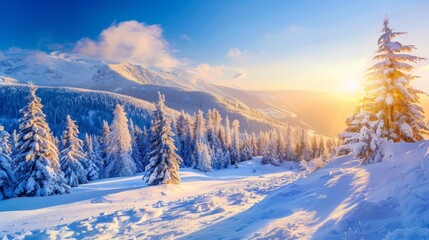 Incredible winter landscape with snowcapped pine trees in frosty morning. Amazing nature scenery in winter mountain valley. Awesome natural Background. Soft light effect. High quality photo