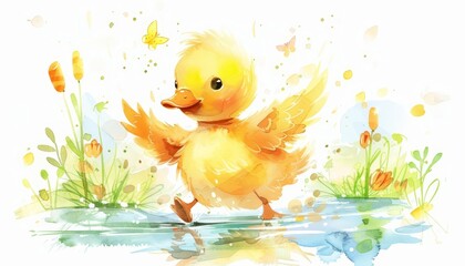 A cute watercolor illustration of a baby duck