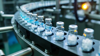 Obraz premium Medical vials on production line at pharmaceutical factory, Pharmaceutical machine working pharmaceutical glass bottles production line, health care, pandemic