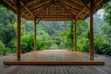 Thatched roof pavilion in a lush green jungle. The pavilion has a wooden floor and is surrounded by lush vegetation.