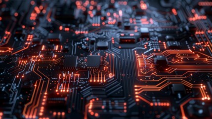 Obraz premium A close-up of a computer circuit board with orange glowing lights. The circuit board is black and the lights are bright.