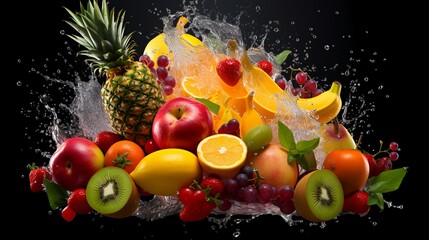 Fruit in water splash, isolated on a black background with clipping path