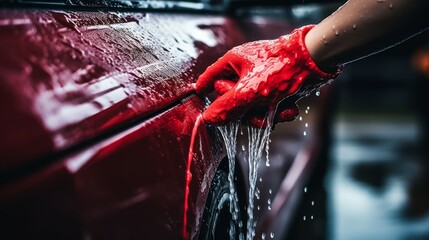 Expertly washing red sportscar, preparing american muscle car for luxury detailing scene