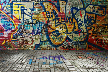 Fototapeta premium A bold background with an urban graffiti wall texture, featuring vibrant street art in a mixture of colors and styles.