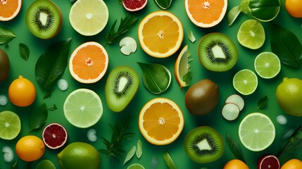 Citrus fruit pattern on green background, top view, flat lay