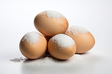 Eggs with snow on a white background. Close-up