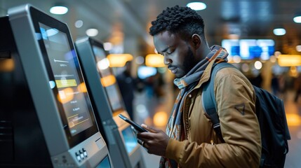 Airport ticket, self service and man with phone for online booking, fintech payment and digital...