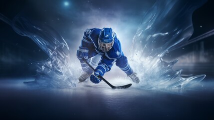 Professional ice hockey player shooting puck in arena with dramatic blur motion effect