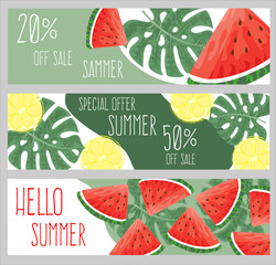 Summer Sale. Set of banners or posters with many slice of watermelon and lemon. Hand drawn vector illustration, EPS10.