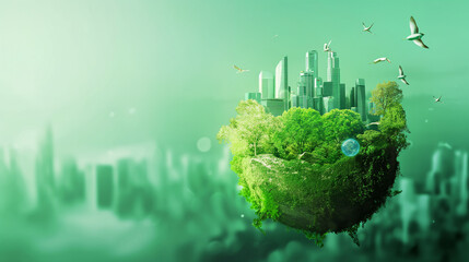 Floating green island with futuristic cityscape and flying birds in a monochrome green background. Generative AI