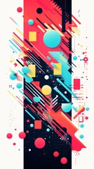 Multicolored circles and intersecting lines create a vibrant abstract background.