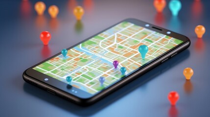 Smartphone with map, 3D Map pins, GPS, navigator pin checking points, 3D World Map icon, technology and application mobile smart phone with mobile, delivery tracking, transportation, generate by AI.