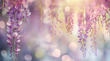 Banner with radiant wisteria blooms with soft bokeh background. Background with empty copy space for design. Generative AI