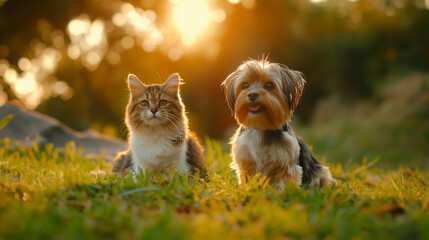 Friendly dog and cat lounging in a sunny meadow. Banner with happy pets. Empty copy space for ads. Generative AI