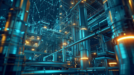A futuristic industrial scene with a lot of pipes and wires. The image has a futuristic and industrial feel to it