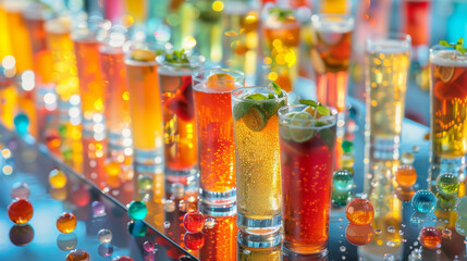 A row of colorful drinks in tall glasses with a variety of flavors