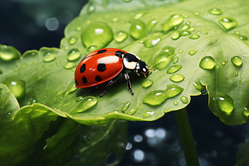 Fototapeta premium Beautiful ladybug on green leaf with water drops. Nature background.