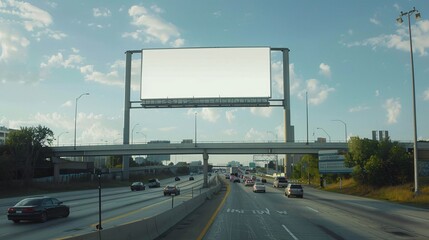 A large billboard is on a highway with cars driving by