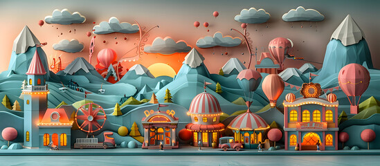 Whimsical Paper Art Depiction of a Bustling Carnival with Vibrant Rides Games and Attractions in a Dreamlike Landscape