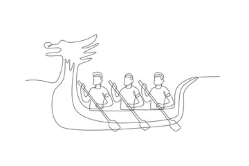 People preparing for a dragon boat race. Dragon boat festival concept one-line drawing