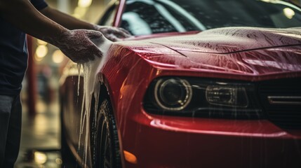 Detailer cleans red sports car with pressure washer in cinematic shot, preparing for detailing