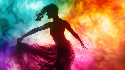 A woman dances in a colorful world, her movements graceful and elegant