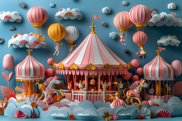 Whimsical Paper Sculpture of a Circus Tent with Acrobats and Animals in Vibrant Pastel Colors